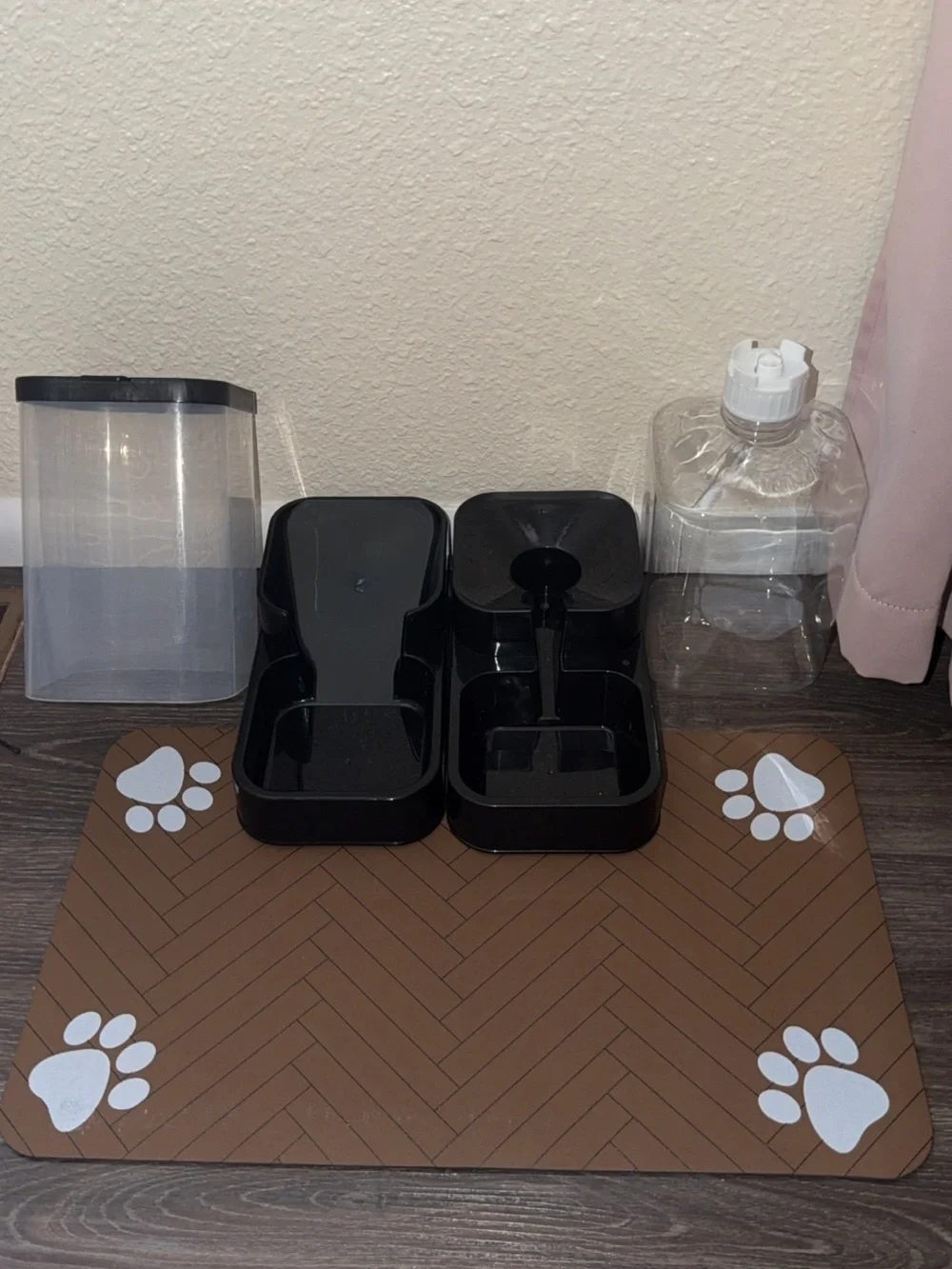 Dual-Pet Feeder & Waterer with Pink Grooming Brush